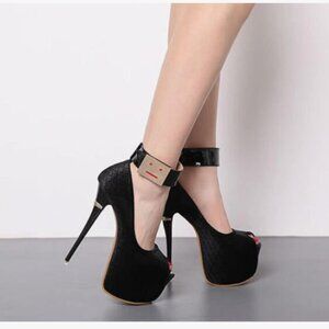 Women's Black  Smiling Buckle Platform High Heel Sandal Suede Open toe Pump